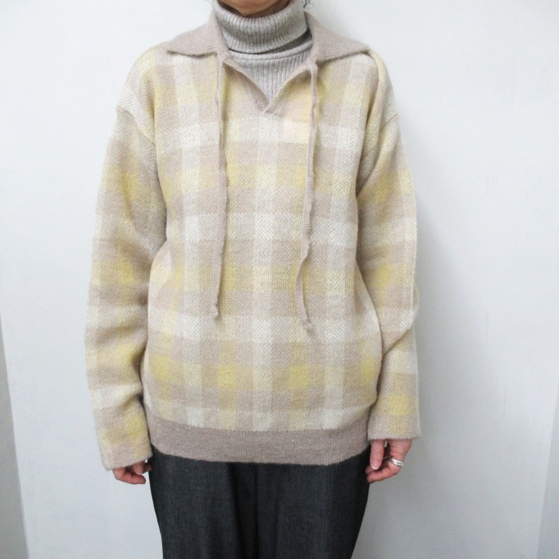 NOUVELLES DU PARADIS シアーモヘヤチェック衿付きニットプルオーバー /BE10